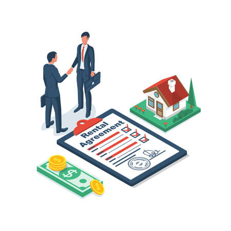 Rental agreement. Real estate contract. Human signs a document. Rental and selling real estate. Vector illustration isometric design. Isolated on background. Private house, stack of money and keys.のイラスト素材