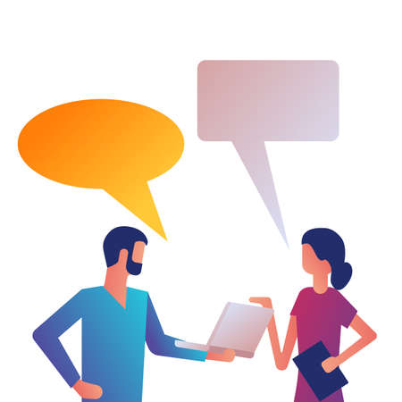 Business people talking. Man and woman are talking. Business negotiations. Work discussion. Corporate meeting. Discussion of news and trends. Vector flat. Dialogue speech bubbles. Template for speech.のイラスト素材