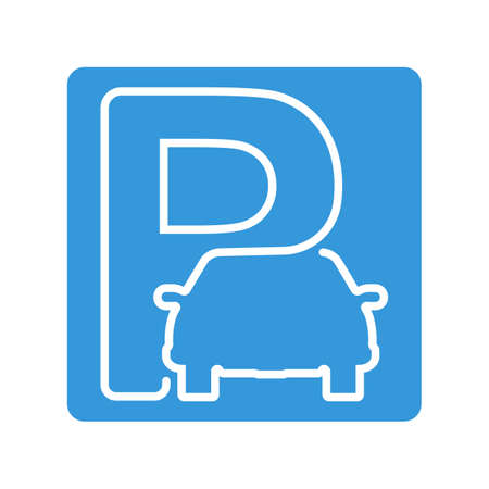 Parking icon. Linear drawing on blue background. Car silhouette with stop symbol. Road sign. Abstract pictogram. Vector illustration flat design. Isolated on background.のイラスト素材