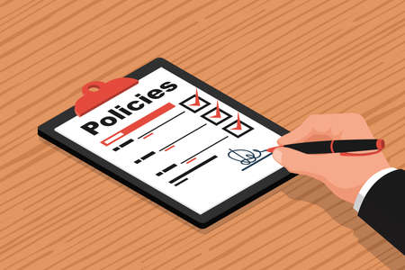 Clipboard in hands of a man with a sheet policies. Write a safety form. Document protection. Handle in the hands of a businessman. Vector illustration isometric 3d design.のイラスト素材