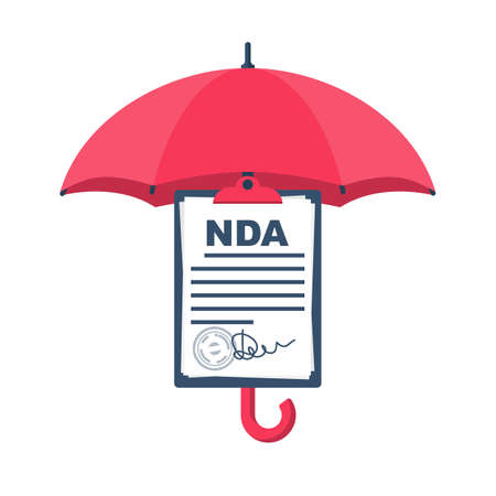 NDA concept. Tablet with contract printing and safety signature under the umbrella. Symbol of protection, metaphor. Non Disclosure Agreement document. Privacy document. Vector icon.のイラスト素材