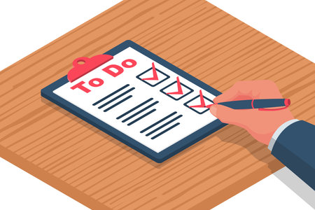 Writing To Do List. Checking plan. Businessman writes a list of cases with a pencil. Vector...