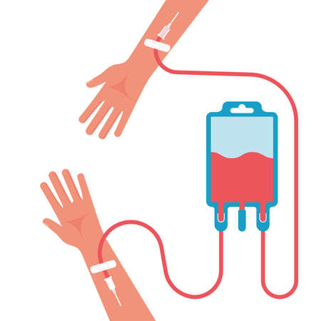 Blood donation concept. Blood transfusion with hands in hand. Vector illustrations flat design. Blood donor day. Template for web design and print.のイラスト素材