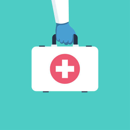 First aid kit flat icon. Doctor holds in hands. Template for medical ambulance. Medical background. Vector illustration catoon design.のイラスト素材