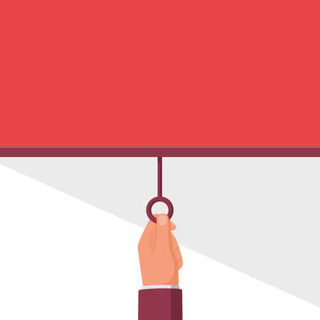 Hand curtain. Man hand lowers down the curtain. Place for text. Vector illustration flat style. Isolated on white background. Banner for design.のイラスト素材