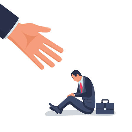 Business helping concept. Businessman gives a helping hand to an employee. To give help man, metaphor. Vector illustration flat design. Isolated on white background. People in suit with briefcase.のイラスト素材