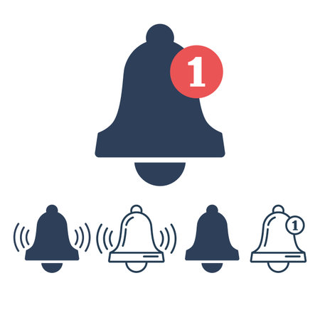 Bell reminder. Set black silhouette and line design. Notification icon or incoming message. Reminder black icon. Vector flat design. Glyph sign. Isolated on white background. Important symbol.のイラスト素材