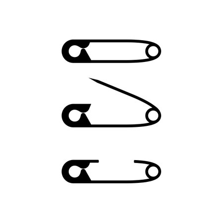 Safety pin. Set of pin, open and closed and fastened. Black silhouette icon. Glyph tool tailor. Vector illustration flat design. Isolated on white background.のイラスト素材