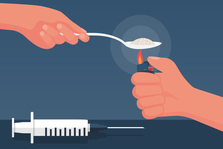 International Day Against Drug. Drug use, addiction to forbidden substances. Dose preparation. Lighter and cocaine spoon in hand. Syringe on the table. Vector illustration flat design.のイラスト素材