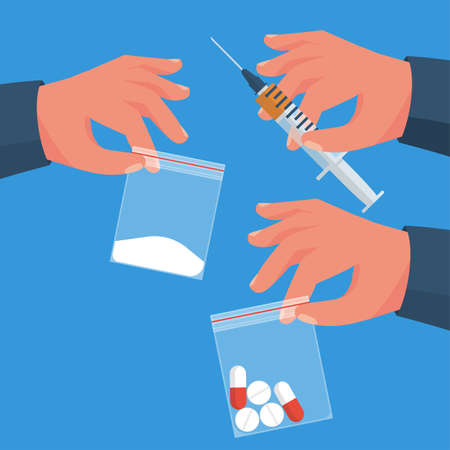 Drug Trade. Drug deal. The dealer holds the dose in package. Tablets, cocaine and heroin syringe. Abuse and addiction. Vector illustration flat design. Isolated on background.のイラスト素材
