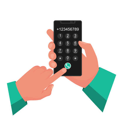 Dial number. Businessman holds smartphone in hands. Dialing numbers. Here can be your template for advertising and promotion. Vector illustration flat design. Display with button and finger on a call.のイラスト素材