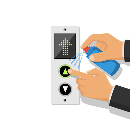 Cleaner disinfects lift buttons. Hygiene public space. Spraying antibacterial sanitizing spray.  Pollution prevention. Spray detergent. Napkin in hands. Protective rubber gloves. Vector flat designのイラスト素材