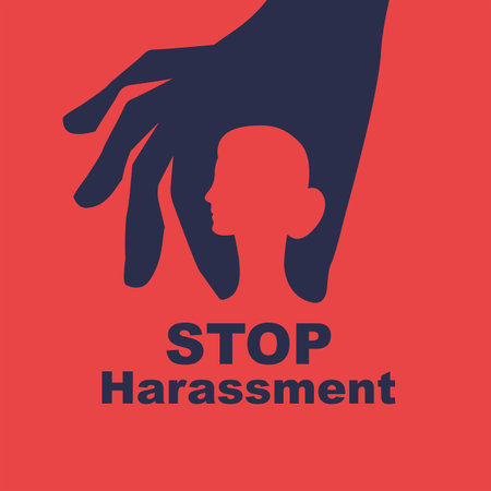 Stop harassment. Rape woman. Sexual harassment. Victim male attention. Banner for web and print. Silhouette of a woman and male hands. Take a woman. Vector illustration flat design.のイラスト素材