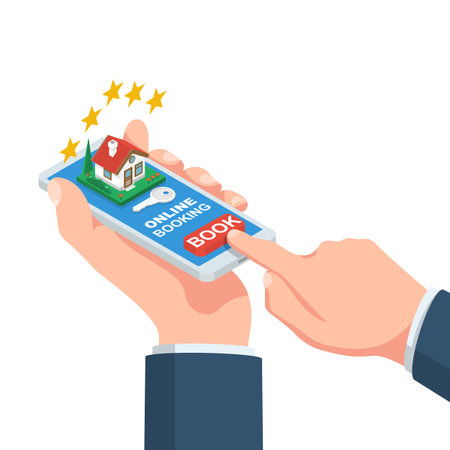 Online booking concept. Client holds the phone in hand with the application for rental housing, against the backdrop big city. Vector illustration isometric design. Isolated on white background.のイラスト素材