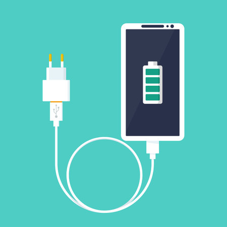 Phone on charging. Smartphone with charger. Full battery on the device screen. Vector illustration flat design. Isolated on white background.のイラスト素材