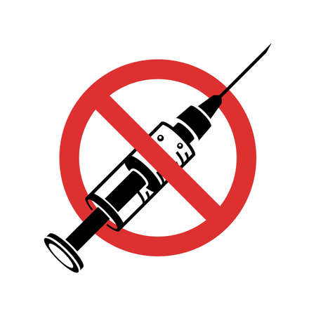 Stop Drugs icon. Vector illustration flat design. Isolated on white background. International Day against Drug Abuse. Illicit Trafficking. Red sign with and black silhouette syringe. No Drug sign.のイラスト素材