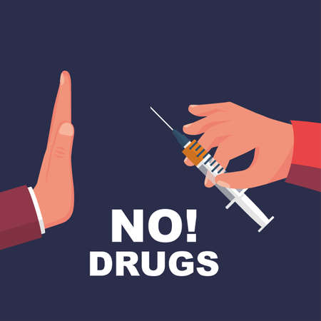 NO Drugs. A man with a gesture refuses drug dose. Syringe with heroin in hand. Awareness of people. Vector illustration flat design. Against prohibited drugs. Illegal trade.のイラスト素材
