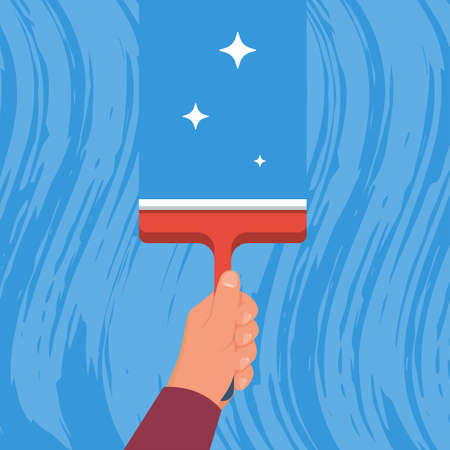 Man washes a window. Glass in foam. Cleaning the window. Cleaner in hand. Vector illustration flat design. Isolated on white background.のイラスト素材