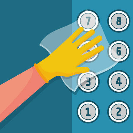 Worker wipes the elevator buttons with napkin. Cleaner disinfects lift buttons. Hygiene public space. Service for cleaning premises. Vector illustration flat design. Napkin in hands.のイラスト素材