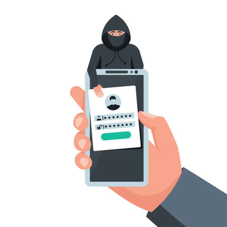 Hacked account. Smartphone in hand. Fraudster steals personal data. Account theft. Hacker steals data from phone. Vector illustration flat design. Loss of personal information.のイラスト素材