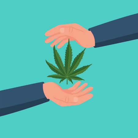 Marijuana Protection. A man holds a leaf of cannabis in hands. Cover palm as a symbol of protection and saving. Legalization of hemp. Vector illustration flat design. Isolated on white background.のイラスト素材