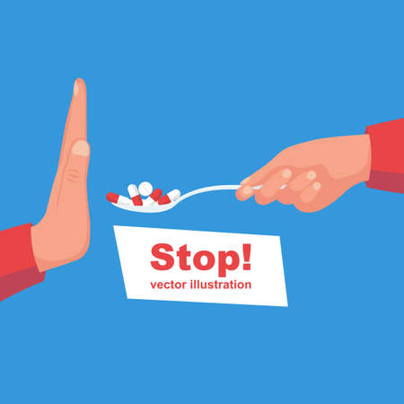 Stop medicines. Refusal of the medicine. No pills. Person refuses treatment with pills. Vector illustration flat design. Isolated on white background. Stop gesture.のイラスト素材