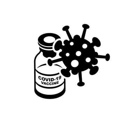 Vaccine covid 19 concept. Ampoule and coronavirus bacterium. Medicine in bottle. Injection from viruses. Laboratory sample in glass tube. Vector black icon design.のイラスト素材