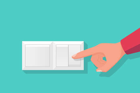 To turn on the light. The man presses the switch button with finger. Electricity saving template. The switch is insulated on the wall. Vector illustration flat design.のイラスト素材