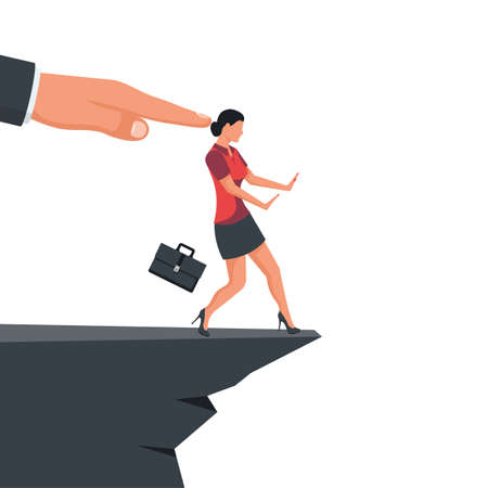 Man pushes a businesswoman with a cliff. Big hand of leader pushes subordinate employee into abyss. Standing on cliff. Danger of falling into abyss. Business challenge concept. Vector flat design.のイラスト素材