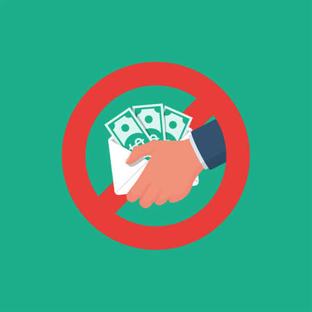 Stop corruption icon. Red sign as a symbol of ban, offering money. Envelope money in hand. Vector illustration flat design. Isolated on white background. Bribery icon.のイラスト素材