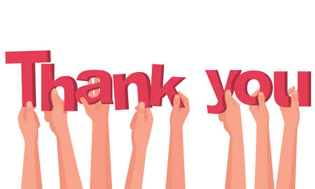 Thank you. A group of people hold big letters. Word in hand. Red letters. Landing pageof gratitude. Vector illustration flat design. Isolated on white background.のイラスト素材