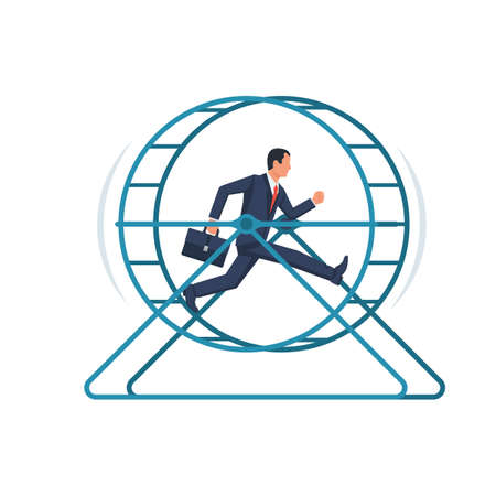 Businessman running on hamster wheel. Hard work. Routine work. Vector illustration flat design. Isolated on white background.のイラスト素材