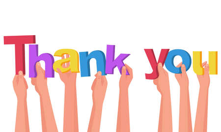 Thank you. A group of people hold big letters. Word in hand. Colored letters. Landing pageof gratitude. Vector illustration flat design. Isolated on white background.のイラスト素材