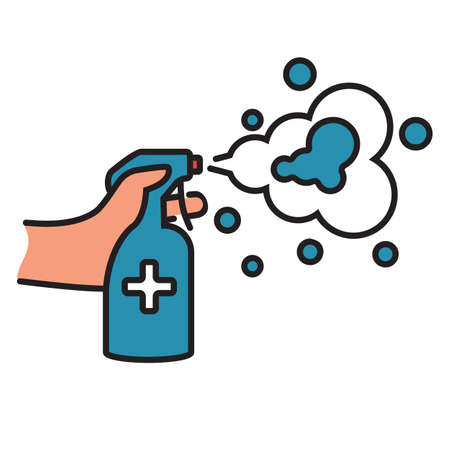 Black line icon antiseptic spray with white foam. Pictogram hands in gloves hold bottle. Antibacterial flask kills bacteria.のイラスト素材