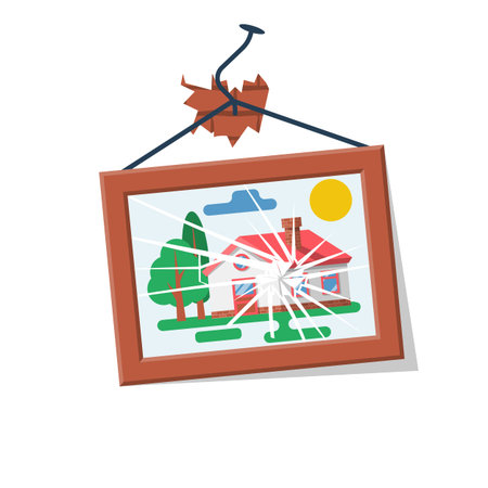 Broken picture on the wall. Glass cracked, frame curve, nail bent. Vector illustration flat design....