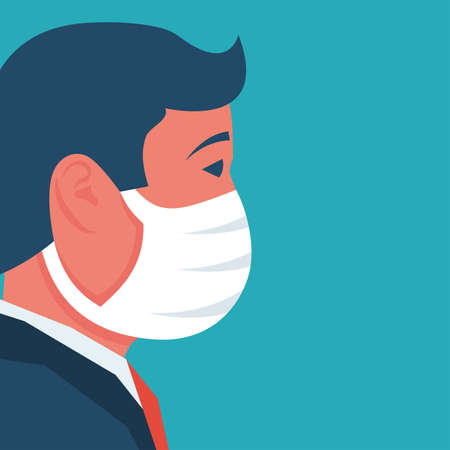 Man in a medical mask. Face mask. Close up young man in protective respiratory mask. Vector illustration flat design. Isolated on background.のイラスト素材