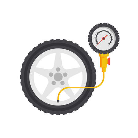 Tire pressure gauge. Checking tire pressure. Gauge, manometer. Car safe concept. Sign, wheel car with instrument measures pressure. Vector illustration flat design. Isolated on white background.のイラスト素材