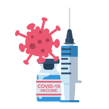 Vaccine covid 19 concept. Syringe with ampoule and coronavirus bacterium. Medicine in bottle. Injection from viruses. Laboratory sample in glass tube. Vector flat design.のイラスト素材