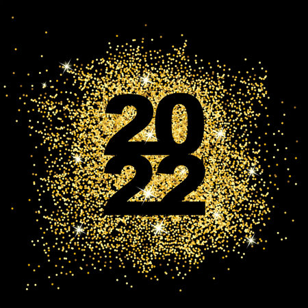 Happy New Year 2021. Gold dust in numbers. Bright sparkles. Simple greetings template. 2021 logo...