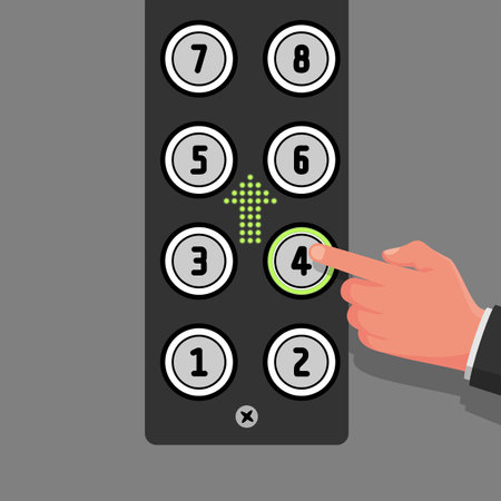Businessman presses the lift button. Vector illustration flat design. Isolated on white background. Call elevator. Up arrow. Rise to the top floor. Finger on the button.のイラスト素材