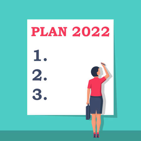 Plan 2022. To do list for next year. Vector illustration flat design. Isolated on white background. Businesswoman writes a motivational plan. Challenge for future.のイラスト素材