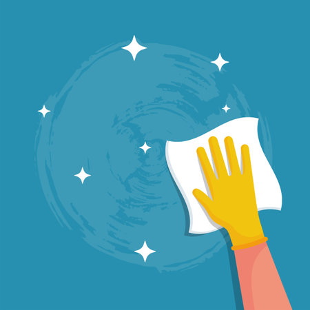 Houseworker wipes the surface with a napkin. Protective rubber yellow gloves on the hands. Cleaning with spray detergent. Hygiene home vector. Cleaning and disinfection. Housekeeping service concept.のイラスト素材