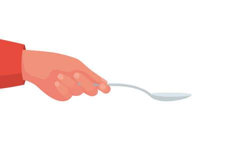 Spoon in hand. Woman holding kitchen tool. Template for food and medicine. Vector illustration flat design. Isolated on white background.のイラスト素材