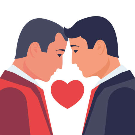 Two homosexuals bowed heads in a kiss. Same-sex marriage. People homosexuality. Male gay couple on background of the rainbow flag. Vector illustration flat design. Happy gay couple.のイラスト素材