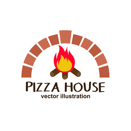 Logo pizza. Pizza baked in a traditional wood oven. Woodfired pizza. Vector illustration flat design. Isolated on white background.のイラスト素材