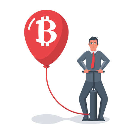 Businessman Pumps a balloon with Bitcoin symbol. Bitcoin bubble. Concept of financial pyramid. Crash cryptocurrency. Risks investing. Vector illustration flat design. Isolated on white background.のイラスト素材