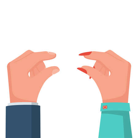 Small gesture. Hand gesture. Little Hand. Man and woman showing small size with her fingers. Vector illustration flat design. Isolated on white background.のイラスト素材