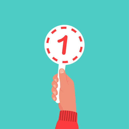 Score card 1. Number table. Digit rating on a scorecard. Human hand holding score card. Colored scorecards. Juries assessment on competition. Judges hold score. Vector design. Isolated on background.のイラスト素材