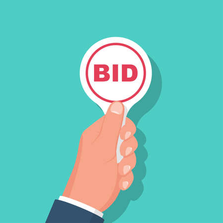 Auction paddle isolated and holding in hand. Contend isolated. Business bidding process concept. Vector illustration flat design. Template for open trade. Many offers good prices. Competition.のイラスト素材