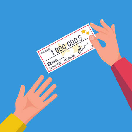 Businessman transfers a check. Businessman hand giving bank check. Vector illustration flat design. Template payment bank checks.のイラスト素材